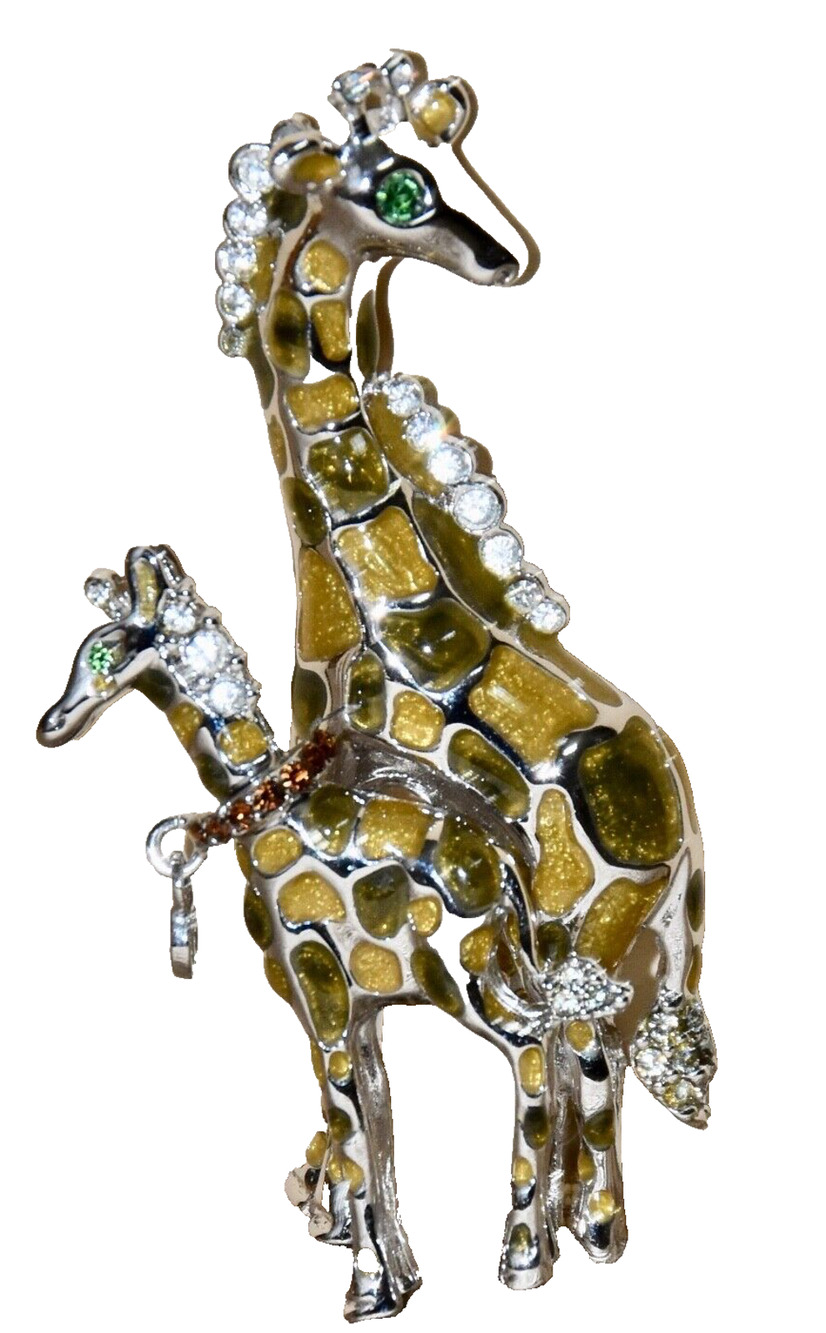 ST. JOHN Trembler Giraffe & Baby Enamel Rhinestone Animal Collection Pin Brooch